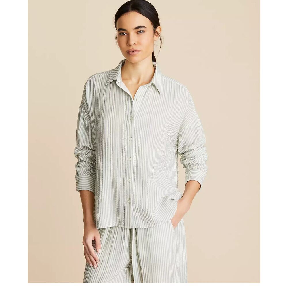 Ann Taylor LOFT Women Striped Triple Cloth Button Front Shirt Size XL Gray Green